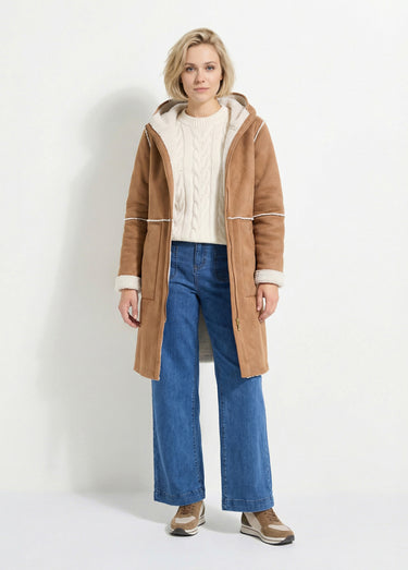 Manteau zippé à capuche effet peau lainée chaud Camel