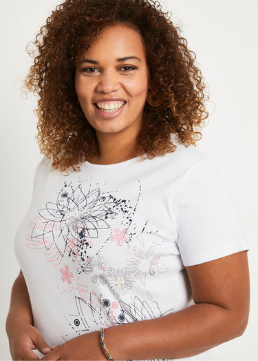 T-shirt long motif fleuri fentes côtés Blanc