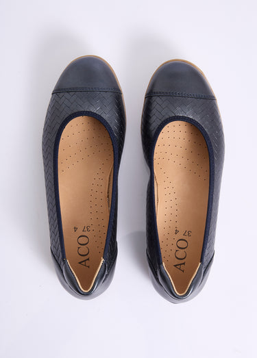 Ballerine cuir imprimé effet tressé largeur confort Marine irisé