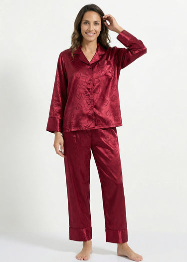 Pyjama long satin avec coeurs imprimés Bordeaux
