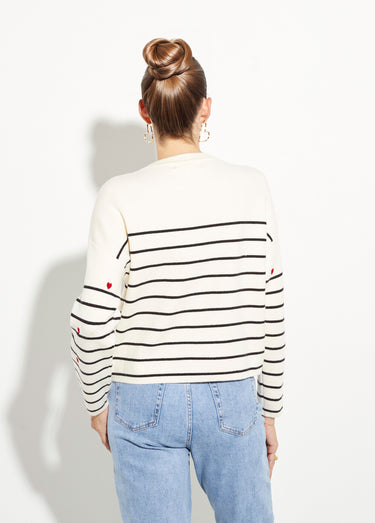 Pull marin épais rayures et coeur, col rond Ecru Raye Marine