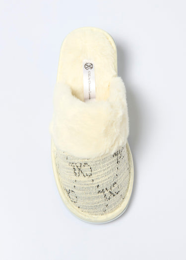 Chaussons mules bord fourrure motif logo Beige