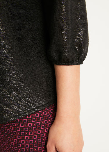 T-shirt mi long ample maille brillante col V Noir