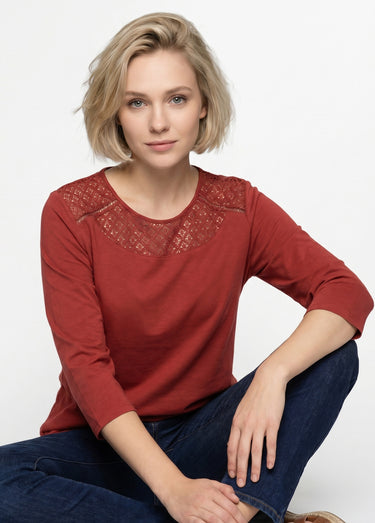 T-shirt coton et dentelle manches 3/4 Tomette