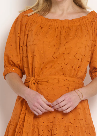 Robe courte col Bardot broderie anglaise Orange