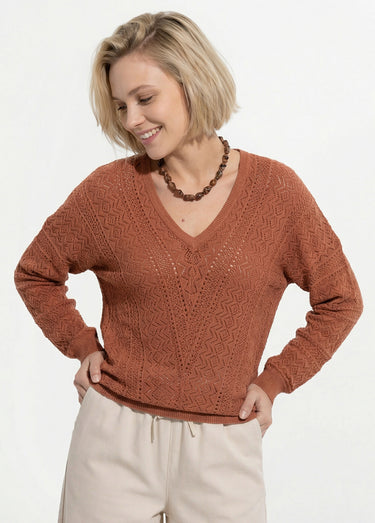 Pull maille ajourée col V Noisette