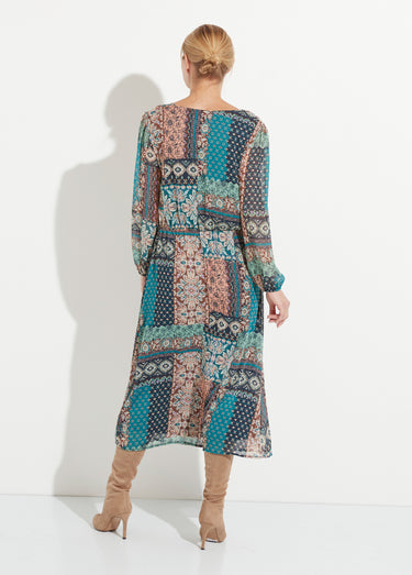Robe longue voile crépon imprimé patchwork Vert / Écru