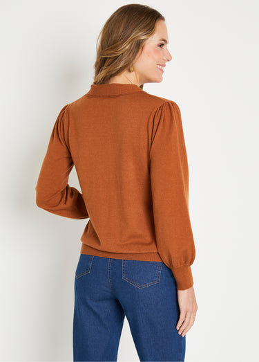 Pull fin col cravate mélange laine Caramel