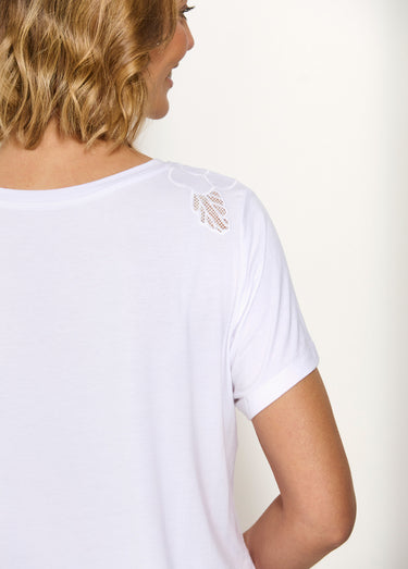 T-shirt coton brodé ajouré col rond Blanc