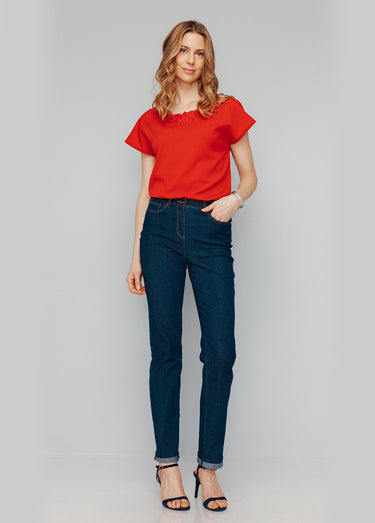 Top long manches courtes broderies col rond Carmin