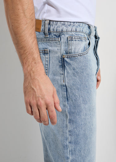 Jean coupe droite, délavage stone Bleu