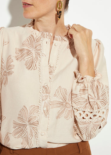 Chemisier boutonné, broderies et guipure Beige
