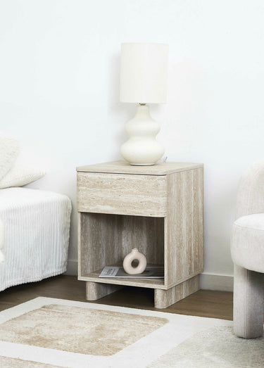 Table de chevet effet pierre travertin Blanc/Beige