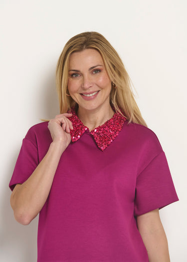Blouse col pailleté sequins manches courtes Framboise