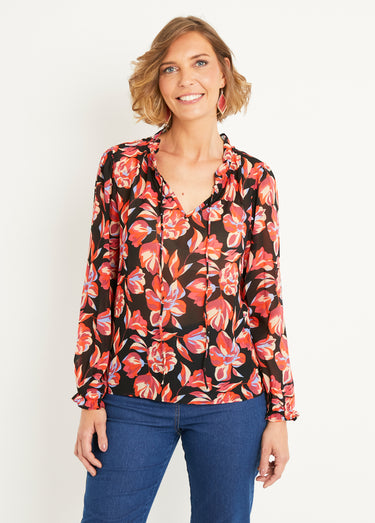 Tunique voile imprimé fleurs liens col V Noir Imprime