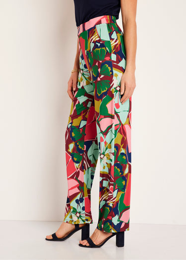 Pantalon large taille semi-élastiquée Rose/Vert