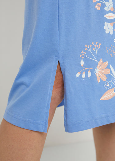 Chemise de nuit mi longue coton uni motif fleuri Imprimé bleu/rose
