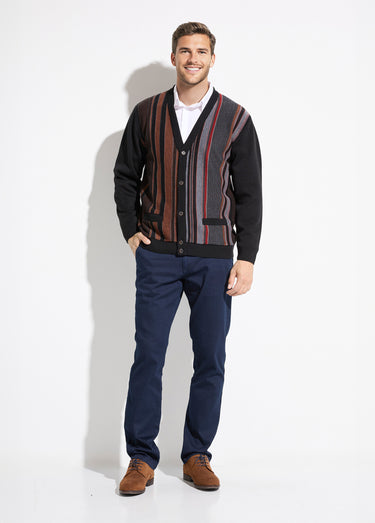 Gilet col V boutonné rayures jacquard laine Noir