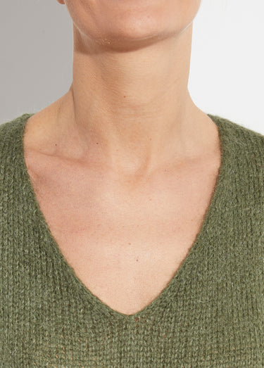 Pull chaud col V en maille avec mohair Kaki
