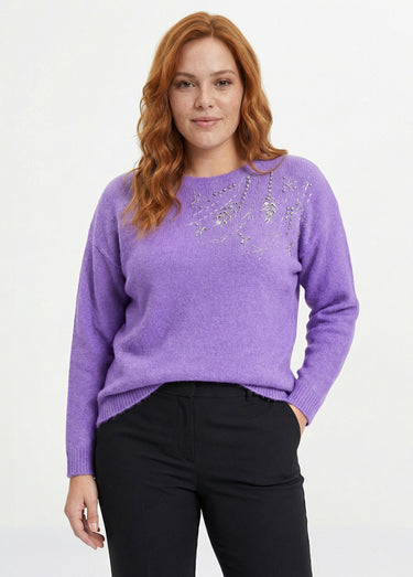 Pull doux col rond avec strass et sequins Violet