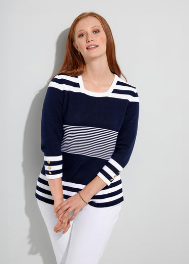 Pull rayé manches 3/4 coton Marine / Blanc