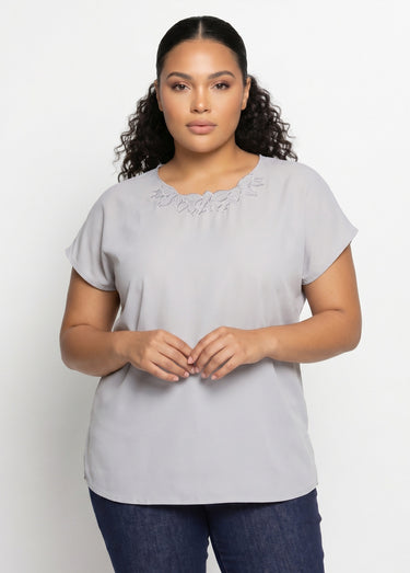 Top long manches courtes broderies col rond Argent