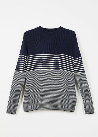 Pull court col montant maille côtelée Marine/Ecru
