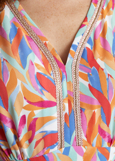 Robe longue volantée smockée dos Orange/Bleu
