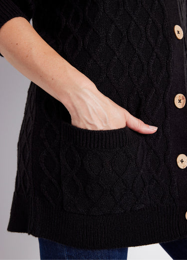 Gilet long boutonné torsades col V Noir