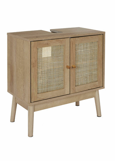 Meuble sous vasque, en bois et cannage Marron