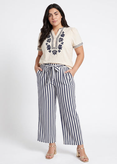 Pantalon rayé ceinturé, fils métallisés Marine/Ecru