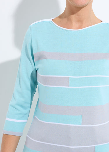 Pull manches 3/4 col bateau jacquard rayé devant Aqua/Gris