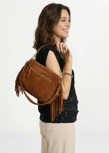 Sac besace frangé cuir nubuck Camel