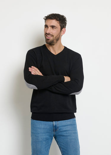Pull col V maille empiècements coudes Noir