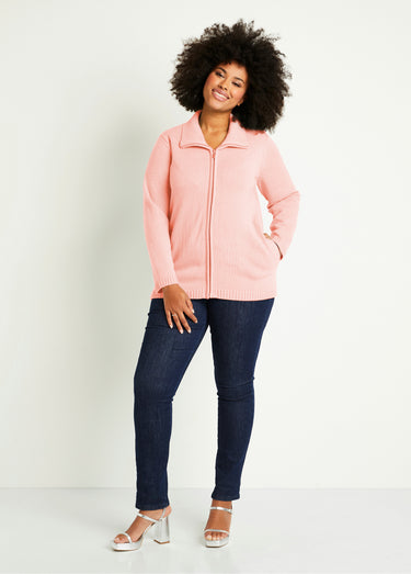Gilet zippé long uni col montant Rose