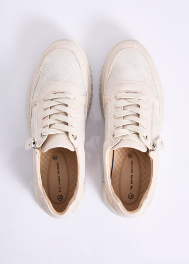 Baskets bi-matière lacées et zippées largeur confort Beige