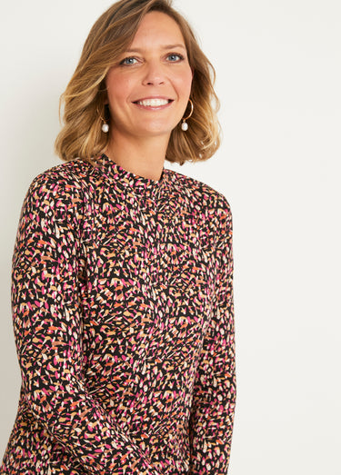 T-shirt court  imprimé col montant Noir/Fuchsia