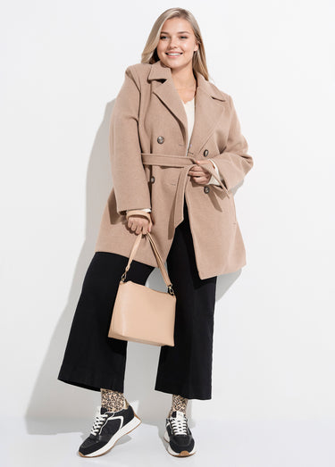 Manteau toucher laineux col fourrure Beige