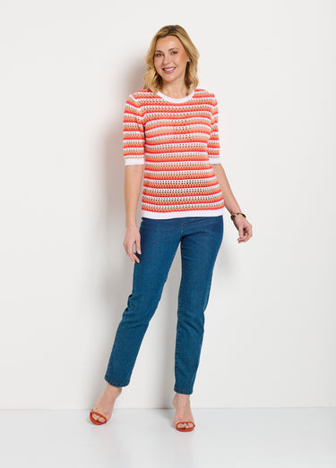 Pull doux rayé ajouré court manches courtes Raye Corail