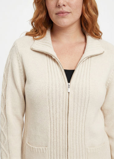 Gilet zippé uni mi-long maille épaisse Ecru