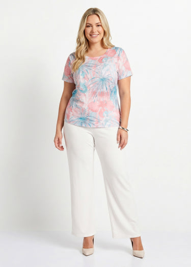 T-shirt court motif et strass col rond Aqua/Rose