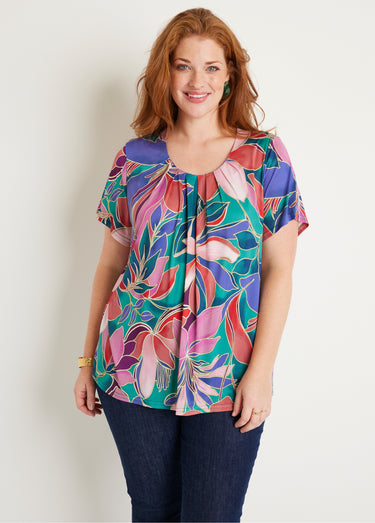 T-shirt ample long fleuri manches courtes Rose/Vert