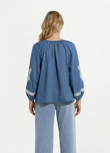 Blouse denim avec broderies fleurs Bleu Jean