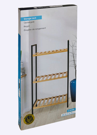 Etagère rangement 3 niveaux métal bois Noir/Bambou