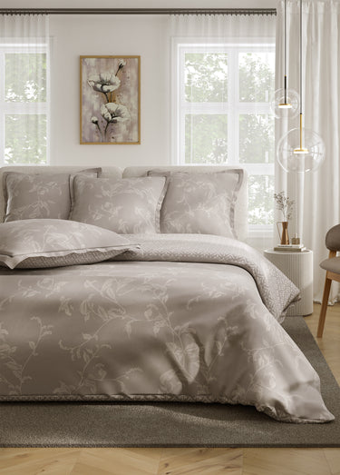 Parure de lit 4 pièces percale avec drap plat, pochoir Gris