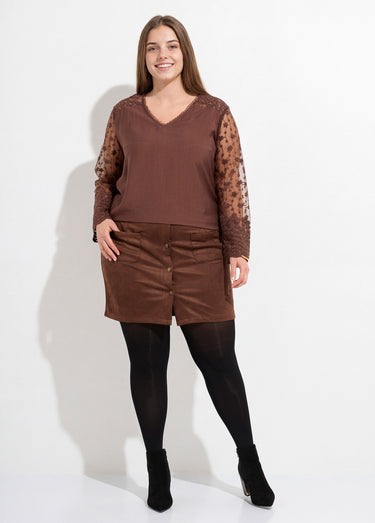 Tunique col V et manches dentelle fleurie Marron