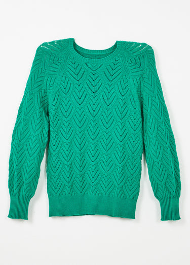 Pull doux court col rond uni ajouré Vert