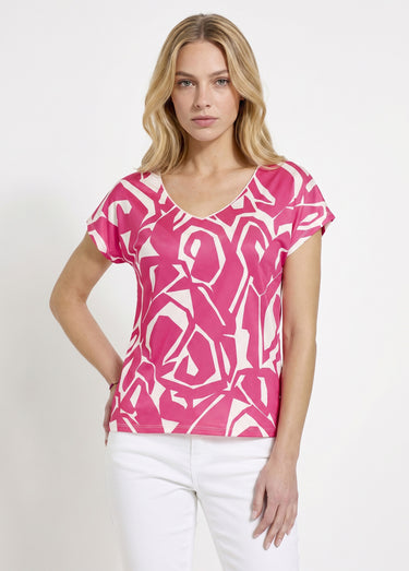 T-shirt droit court col V imprimé graphique Fuchsia/Blanc