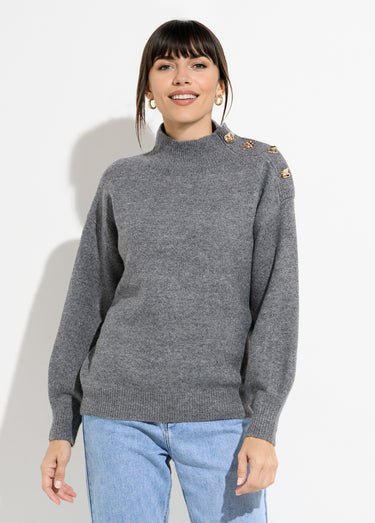 Pull col montant boutons bijou métal Gris