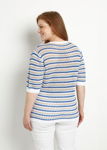 Pull doux rayé ajouré court manches courtes Raye Bleu
